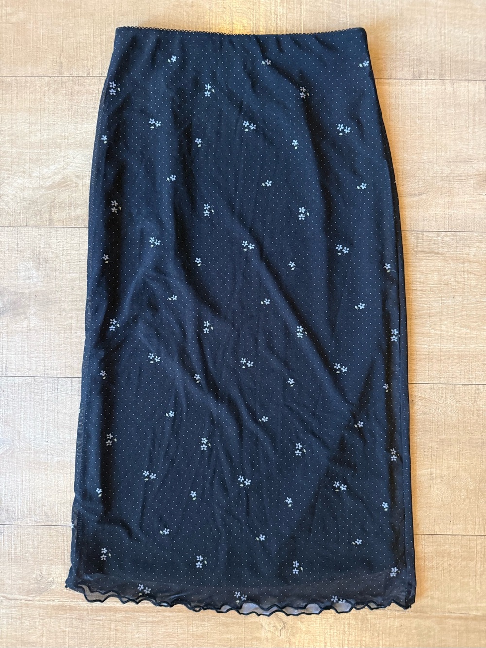 Forever 21 Black Floral Mesh Straight Midi Skirt with Lettuce Hem Fairy Grunge